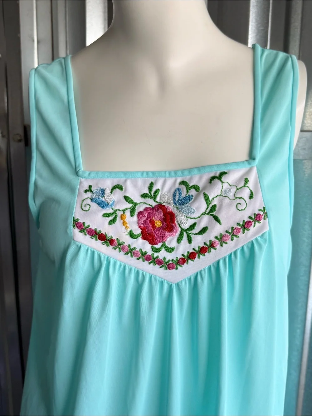Vintage Aqua Embroidered Nightgown Maxi Dress Cottagecore Sleepwear - Picture 1 of 5
